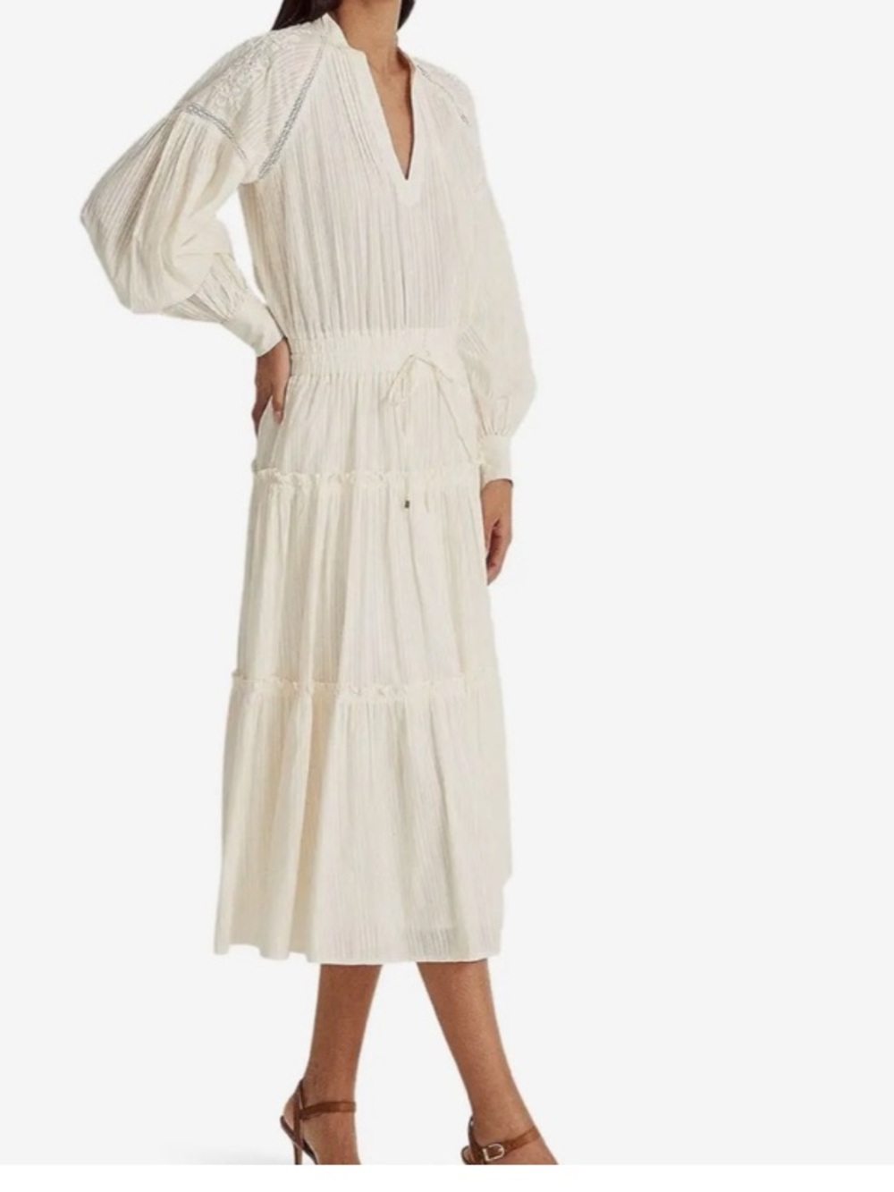 Lauren Ralph Lauren Tiered Embroidered Shadow stripe midi Dress  Off White